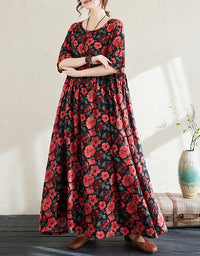 Vintage Red Floral Loose Fit Summer Cotton Linen Maxi Dress
