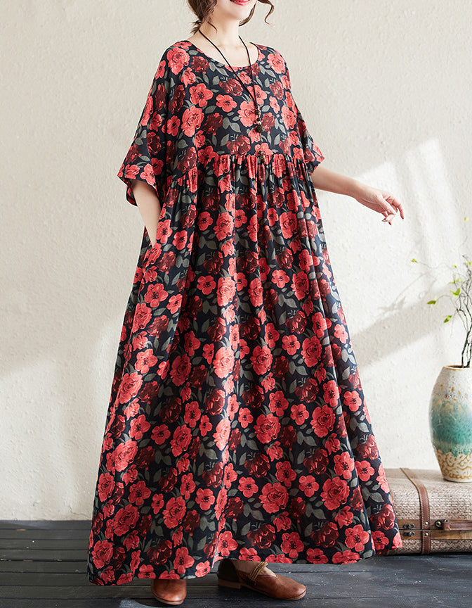 Vintage Red Floral Loose Fit Summer Cotton Linen Maxi Dress