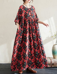 Vintage Red Floral Loose Fit Summer Cotton Linen Maxi Dress