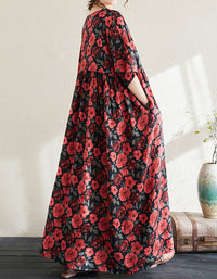 Vintage Red Floral Loose Fit Summer Cotton Linen Maxi Dress