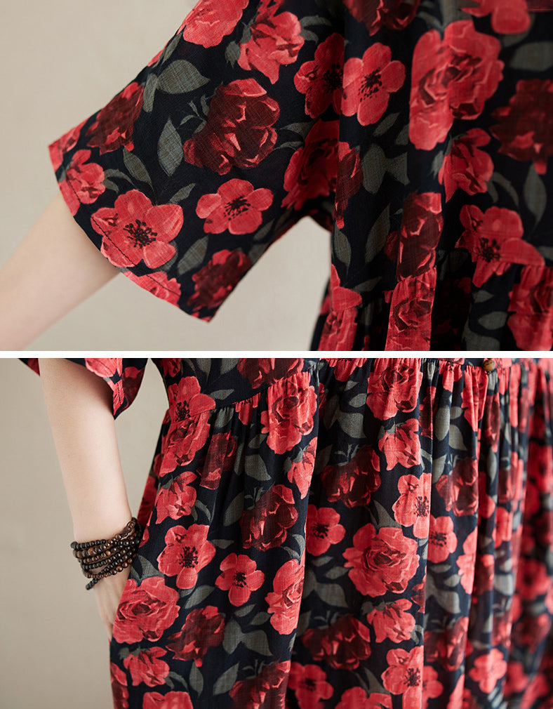 Vintage Red Floral Loose Fit Summer Cotton Linen Maxi Dress