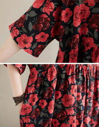 Vintage Red Floral Loose Fit Summer Cotton Linen Maxi Dress
