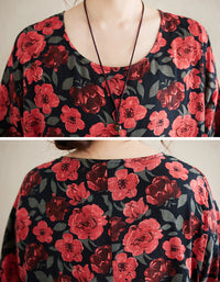 Vintage Red Floral Loose Fit Summer Cotton Linen Maxi Dress