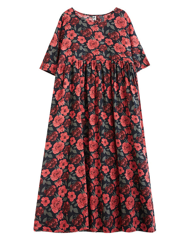 Vintage Red Floral Loose Fit Summer Cotton Linen Maxi Dress