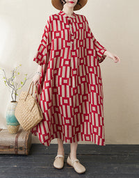 Vintage Red Geometric Cotton Linen Dress