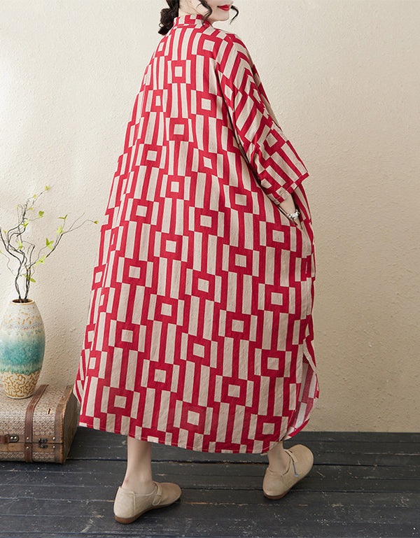 Vintage Red Geometric Cotton Linen Dress