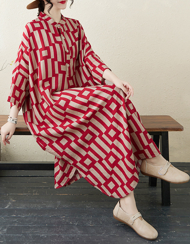 Vintage Red Geometric Cotton Linen Dress
