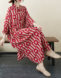Vintage Red Geometric Cotton Linen Dress