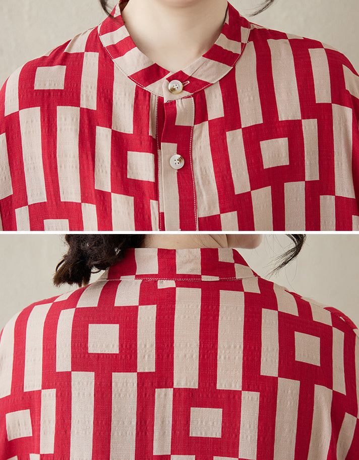 Vintage Red Geometric Cotton Linen Dress