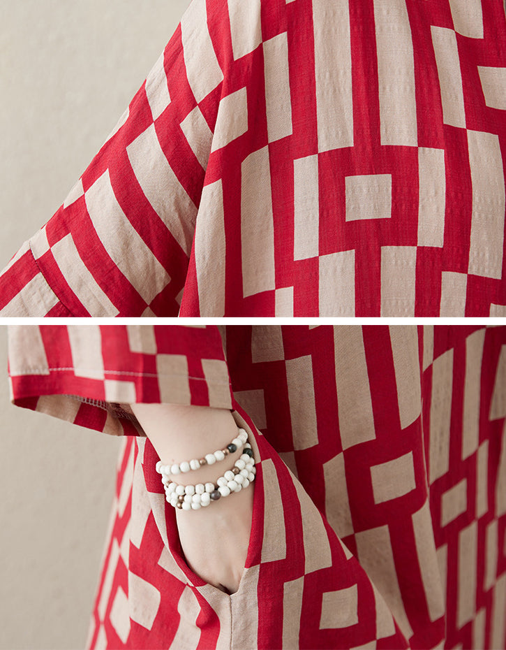 Vintage Red Geometric Cotton Linen Dress