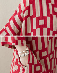 Vintage Red Geometric Cotton Linen Dress