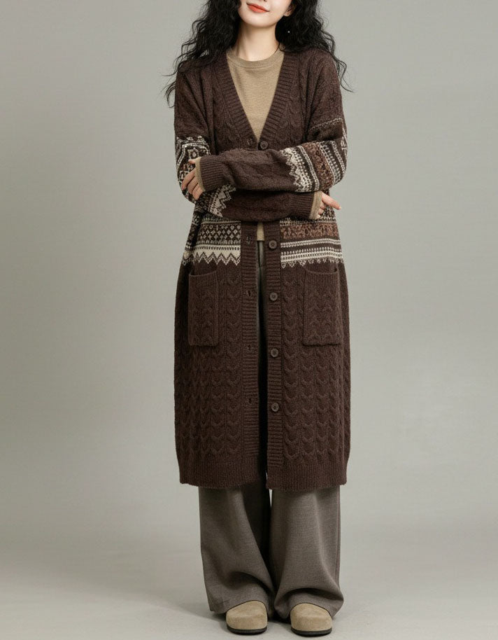 Women's Vintage Geometric Cable Knit Long Cardigan