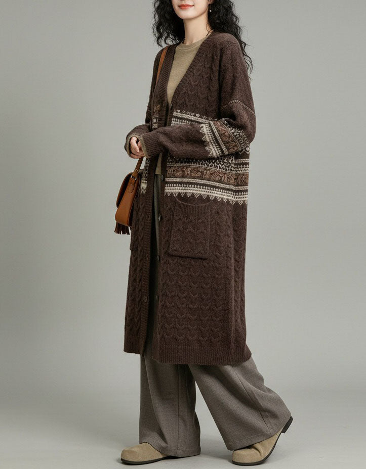 Women's Longline Vintage Patterned Knit Cardigan