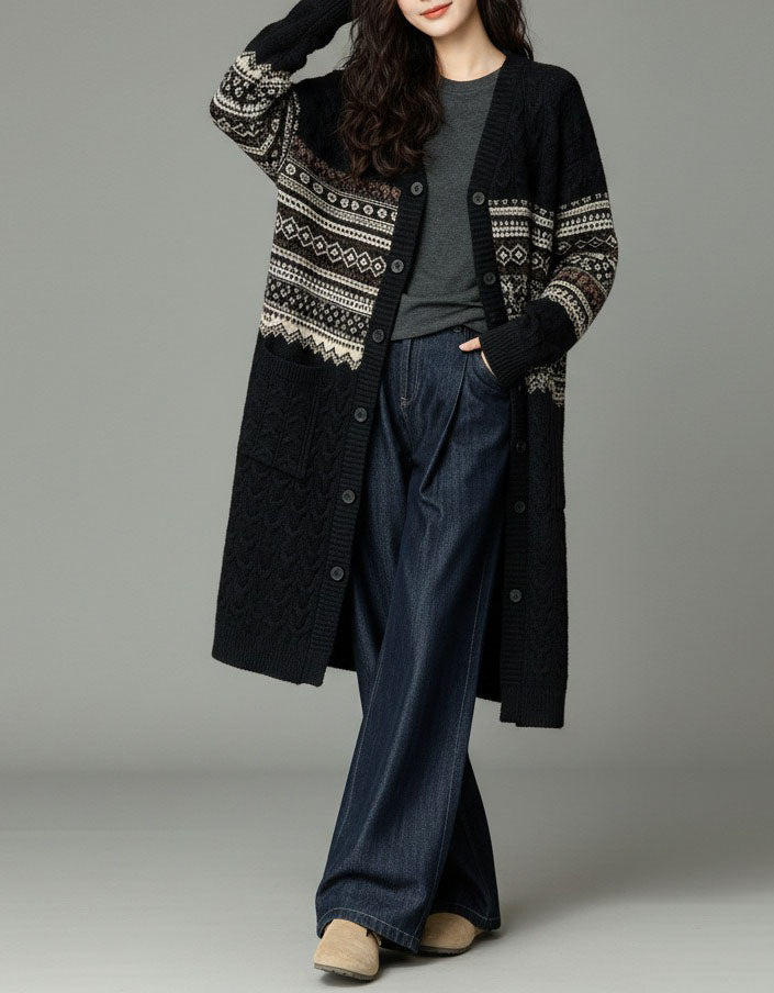 Women's Boho Cable Knit Longline Button Cardigan