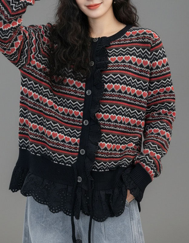 Women's Geometric Heart Button Up Knit Cardigan Top
