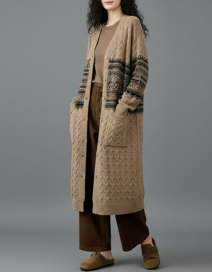 Women's Longline Cable Knit Geometric Pattern Cardigan