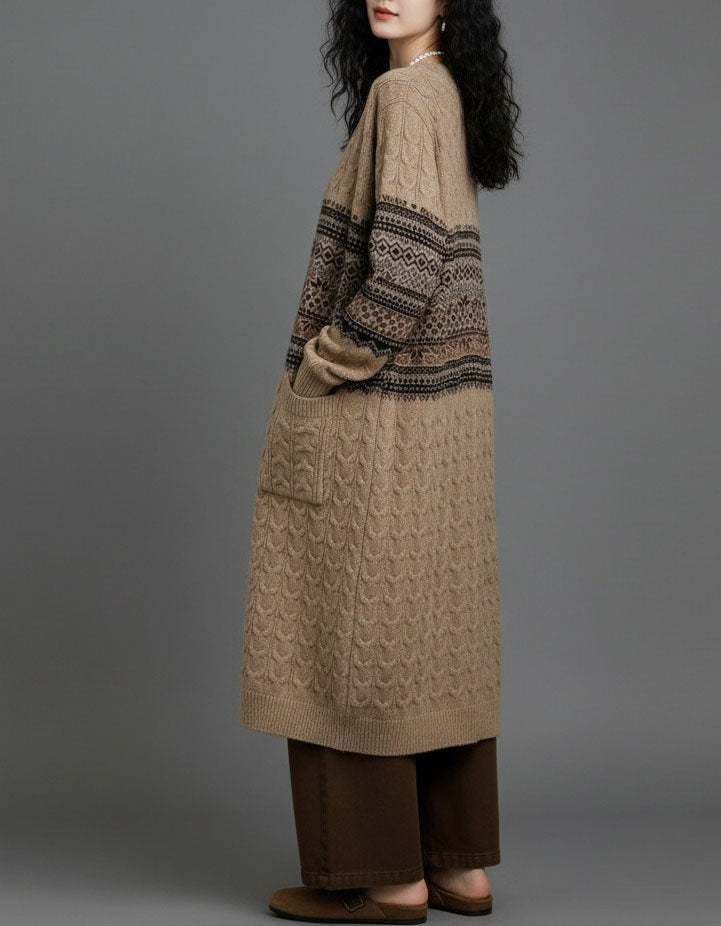 Women's vintage brown cable knit longline boho cardigan