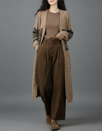 Women's Brown Cable Knit Geometric Long Cardigan