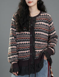Women's Retro Nordic Heart Lace Trim Knit Button Cardigan