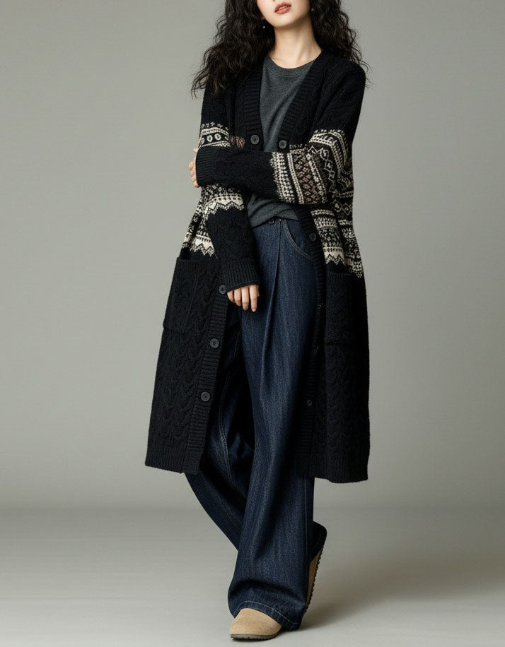 Women's Vintage Long Cable Knit Button Front Cardigan