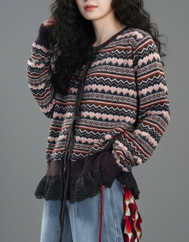 Women's Vintage Pattern Lace Trim Knit Cardigan Sweater