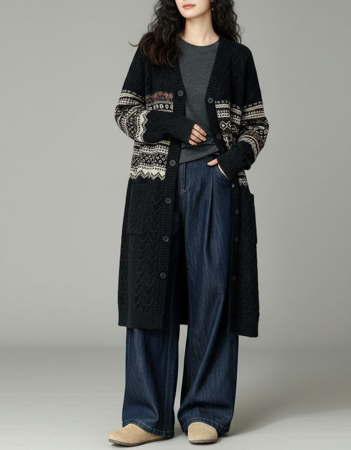 Women's Vintage Cable Knit Longline Boho Cardigan