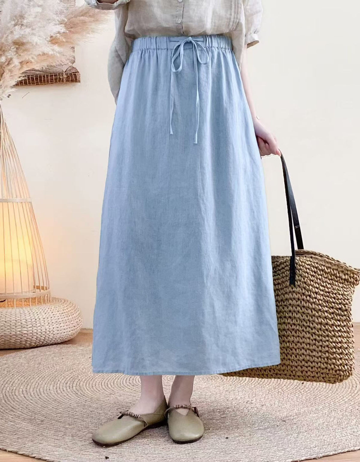 Loose Fit Linen A-Line Maxi Skirt with Pockets