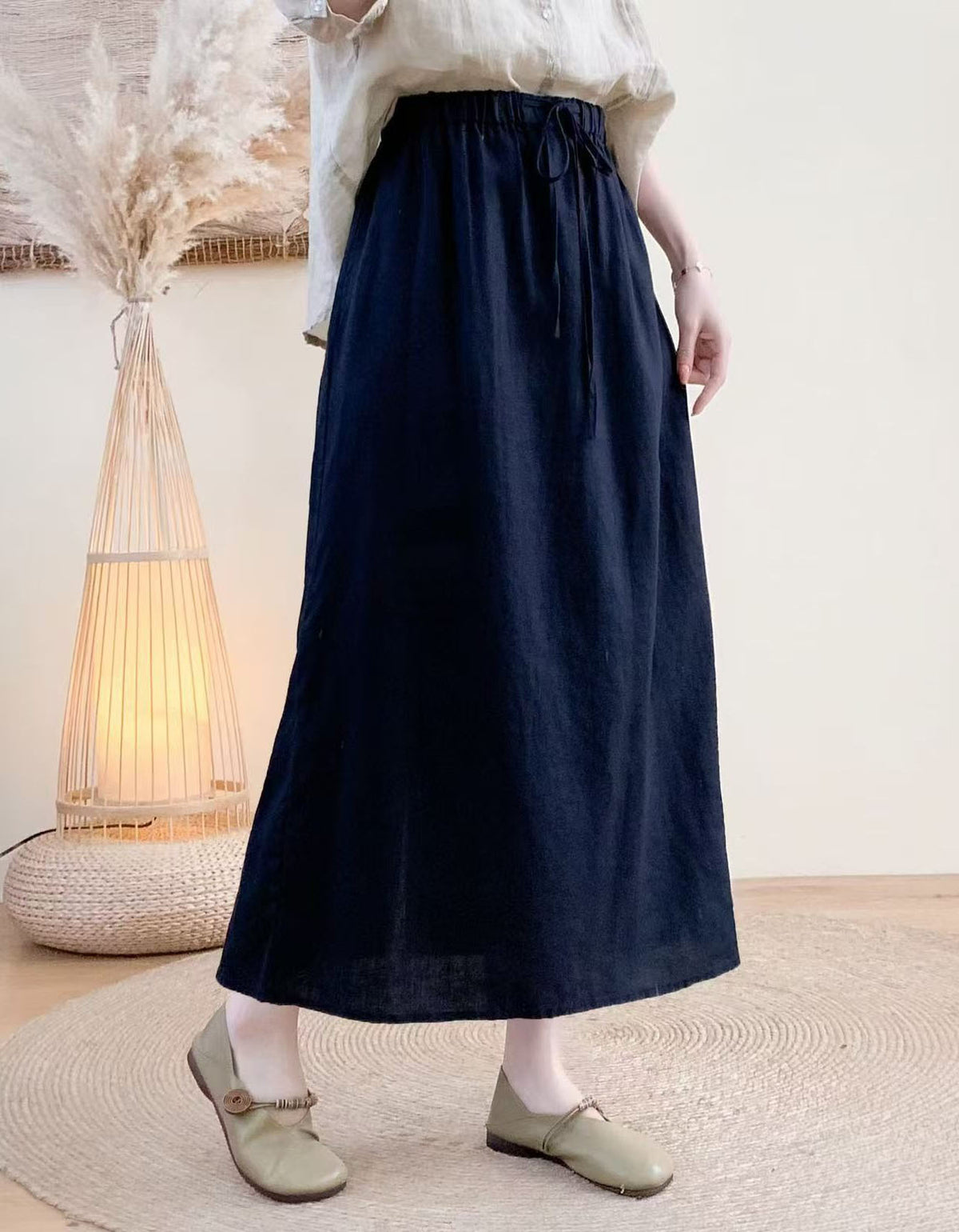 Breathable Linen Maxi Skirt with Drawstring Tie