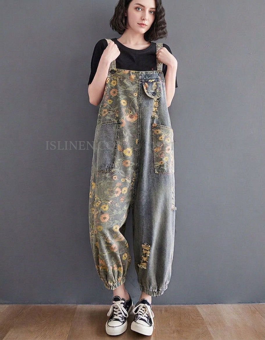 Women’s Floral Denim Overalls – Vintage Patchwork Baggy Jumpsuit