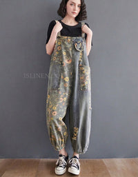 Women’s Floral Denim Overalls – Vintage Patchwork Baggy Jumpsuit