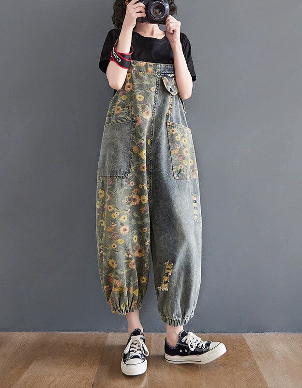Vintage Floral Patchwork Jumpsuit – Women’s Loose Fit Denim Overalls