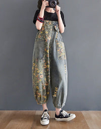 Vintage Floral Patchwork Jumpsuit – Women’s Loose Fit Denim Overalls