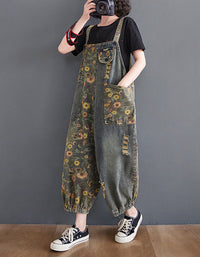 Women’s Baggy Denim Overalls – Floral Print Patchwork Casual Jumpsuit