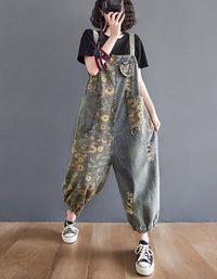 Boho Floral Denim Jumpsuit – Loose Fit Wide Leg Overalls for Women
