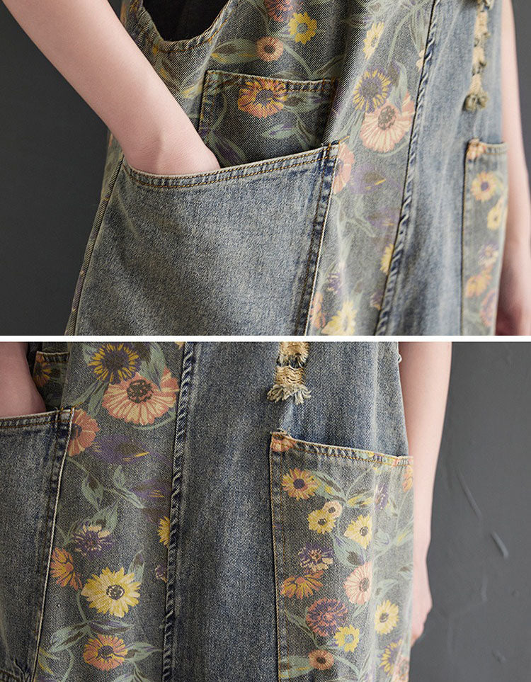 Women’s Vintage Denim Overalls – Floral Patchwork Relaxed Fit Jumpsuit