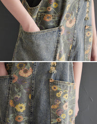 Women’s Vintage Denim Overalls – Floral Patchwork Relaxed Fit Jumpsuit