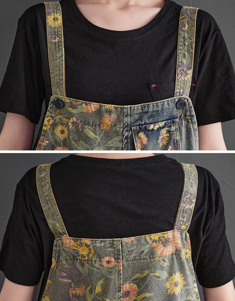 Women wearing floral patchwork denim overalls with baggy fit and elastic hem