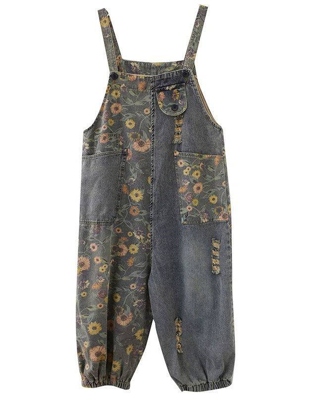 Vintage style denim jumpsuit with floral print patchwork and wide leg