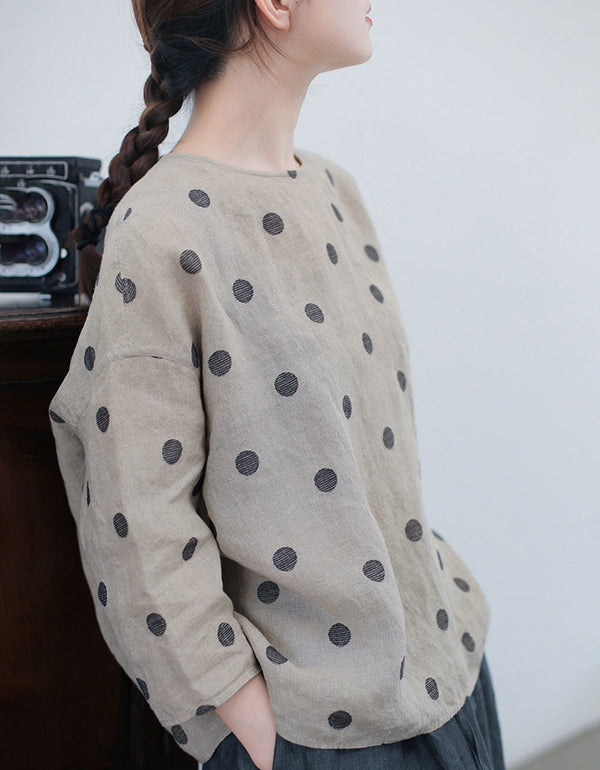 Vintage Relaxed Fit Polka Dot Linen Top