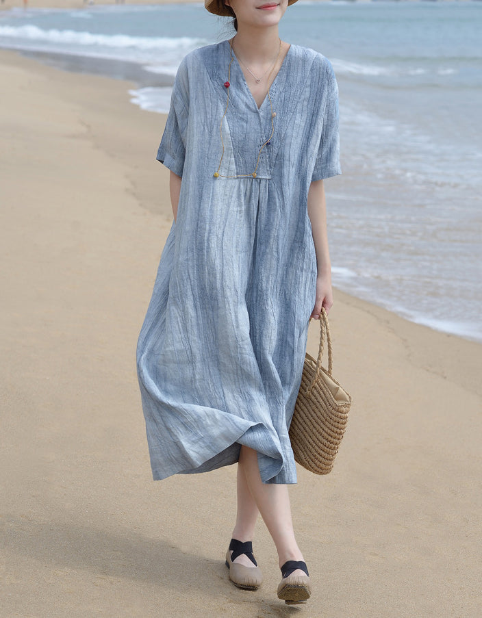 Vintage Relaxed Fit Summer V-Neck Linen Midi Dress