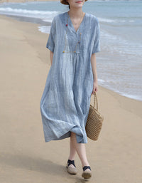 Vintage Relaxed Fit Summer V-Neck Linen Midi Dress