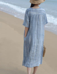 Vintage Relaxed Fit Summer V-Neck Linen Midi Dress