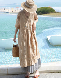 Vintage Relaxed Fit Summer V-Neck Linen Midi Dress