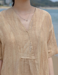 Vintage Relaxed Fit Summer V-Neck Linen Midi Dress