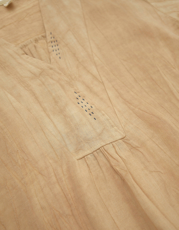 Vintage Relaxed Fit Summer V-Neck Linen Midi Dress