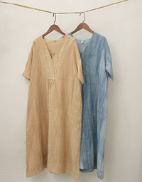 Vintage Relaxed Fit Summer V-Neck Linen Midi Dress