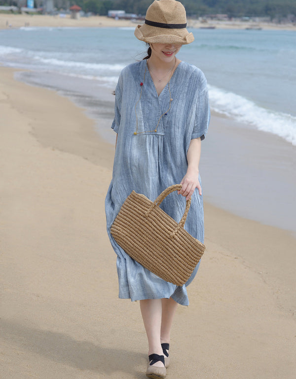 Vintage Relaxed Fit Summer V-Neck Linen Midi Dress