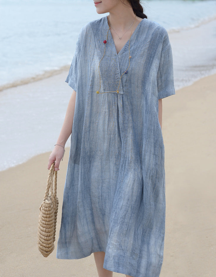 Vintage Relaxed Fit Summer V-Neck Linen Midi Dress