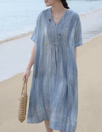 Vintage Relaxed Fit Summer V-Neck Linen Midi Dress
