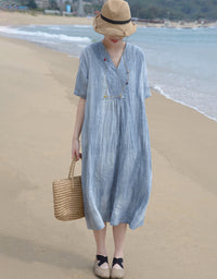 Vintage Relaxed Fit Summer V-Neck Linen Midi Dress